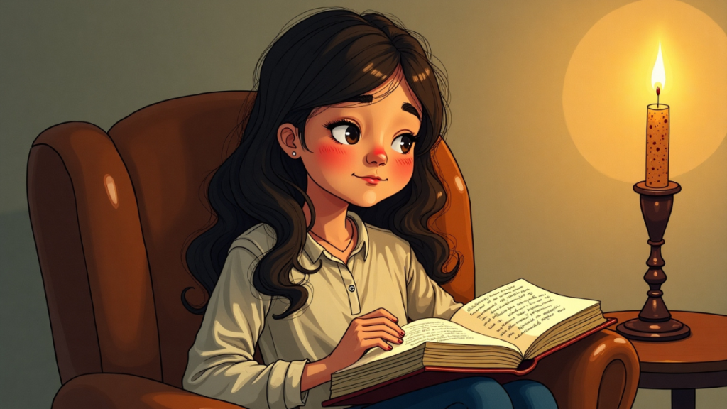 A person sitting with a journal, thinking deeply, surrounded by soft candlelight.