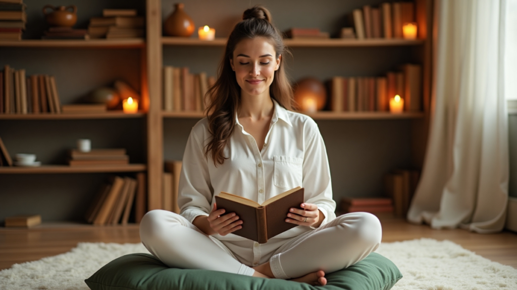  A person smiling while reading a book in a cozy space.