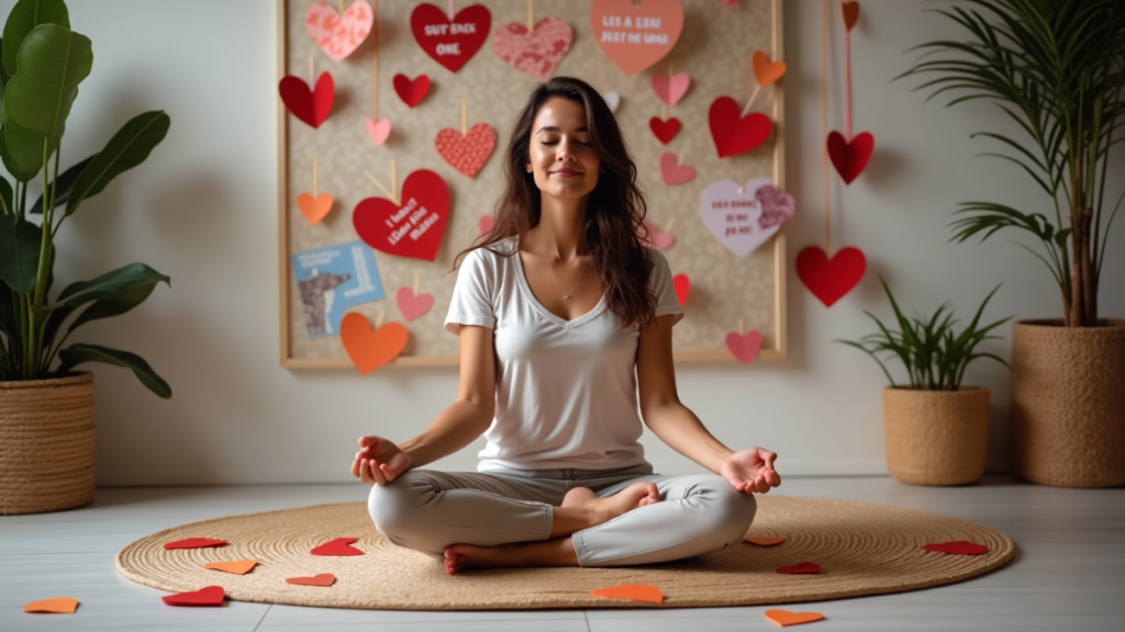 A person with eyes closed, meditating with a vision board or heart shapes around.