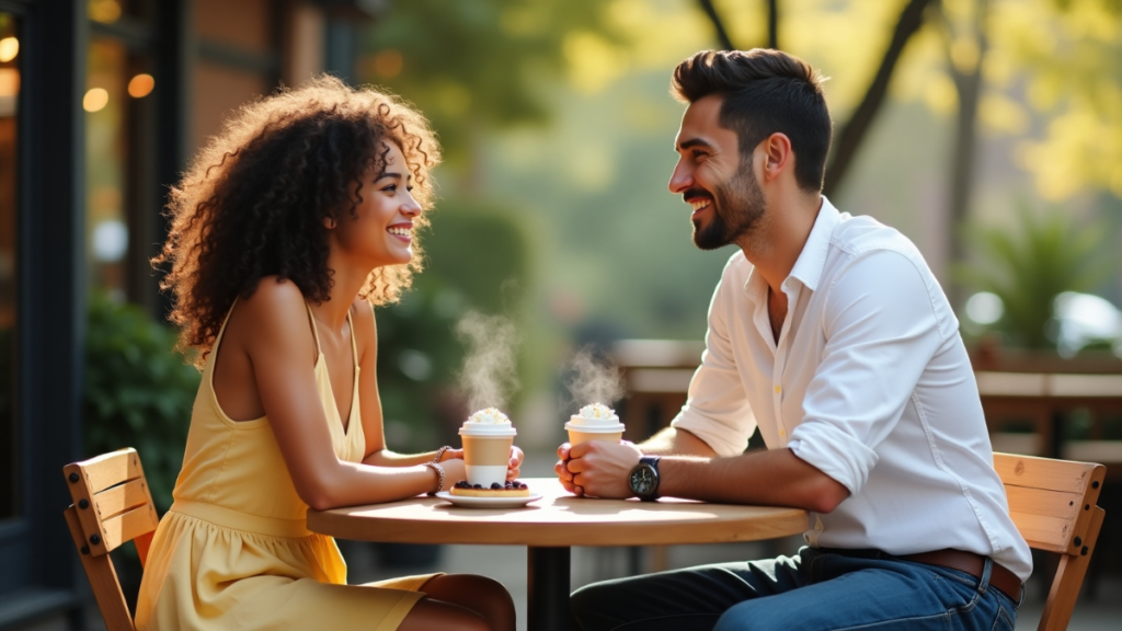 Two people smiling and talking at a coffee shop or a park
